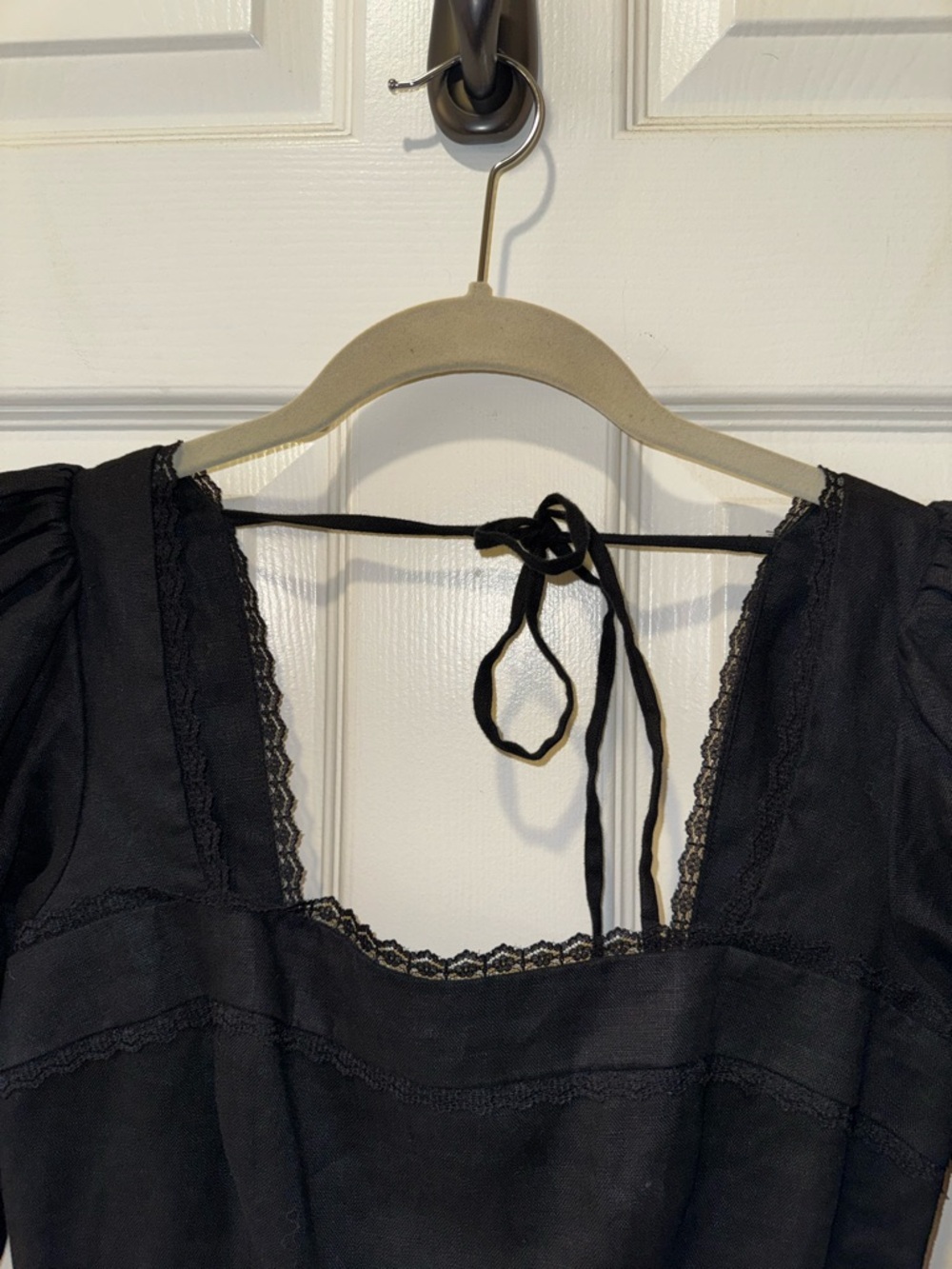Reformation Evianna Black Linen Lace Trim Square Neck Puff Sleeve Mini Dress 0 - Picture 10 of 14